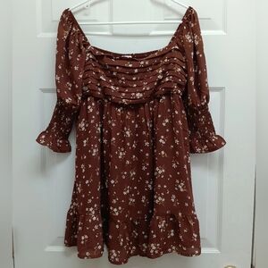 Babydoll Milkmaid Mini Dress Brown Medium Floral Boho Cottagecore